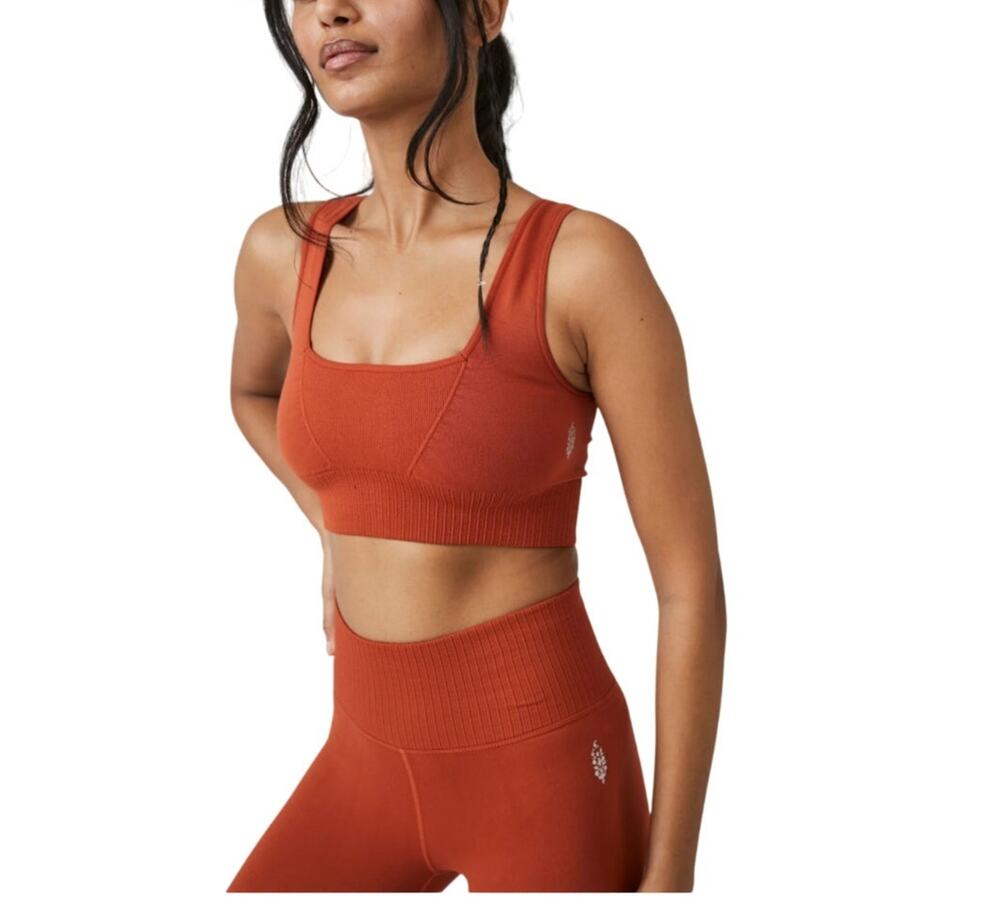 Free People Movement Good Karma Square Neck Ribbed Sports Bra, Orange, Size M/L